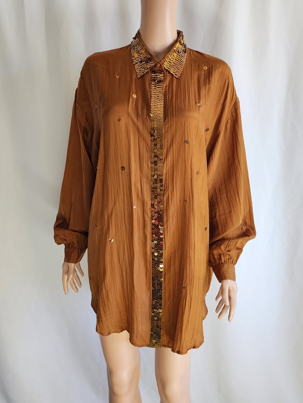 Vintage Carole Little Sport Long Sleeve Button Up 100% Silk Size 12 Bronze